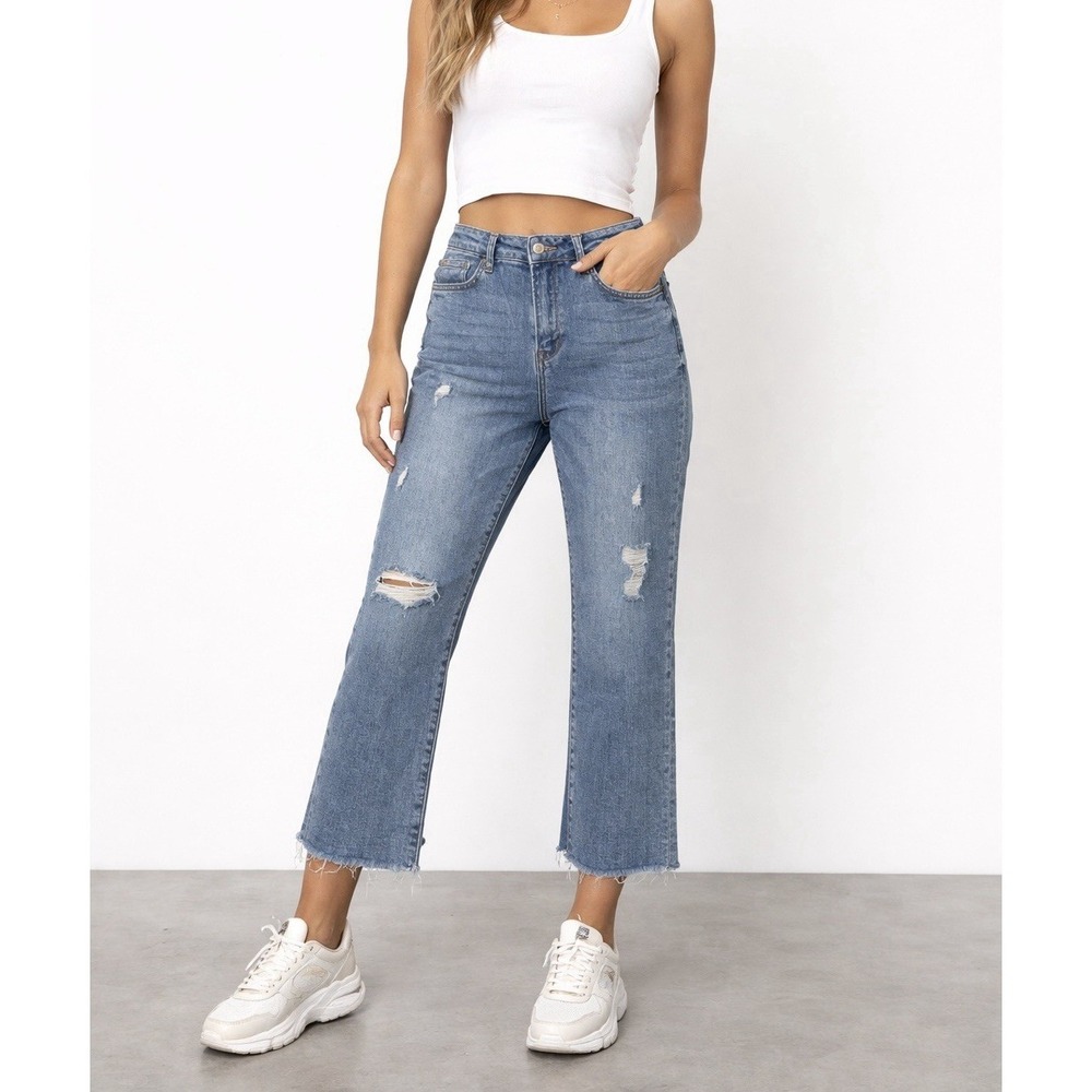 Vervet Distressed Denim Stretch Raw Hem Crop Blue Jeans Straight V2369 Womens 29